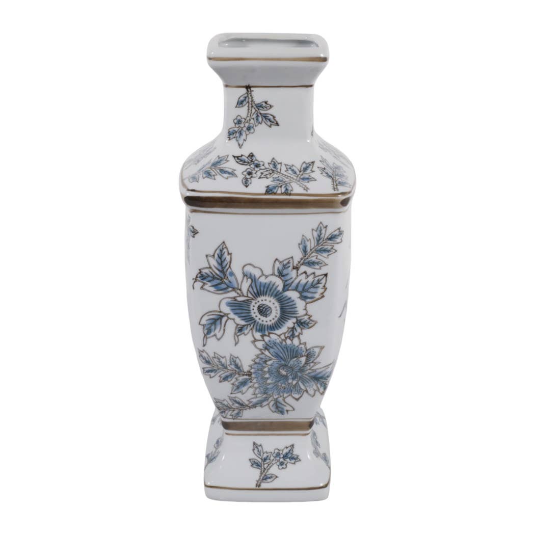 Blue and Brown Floral Chinoiserie Ceramic Vase, 15 in.