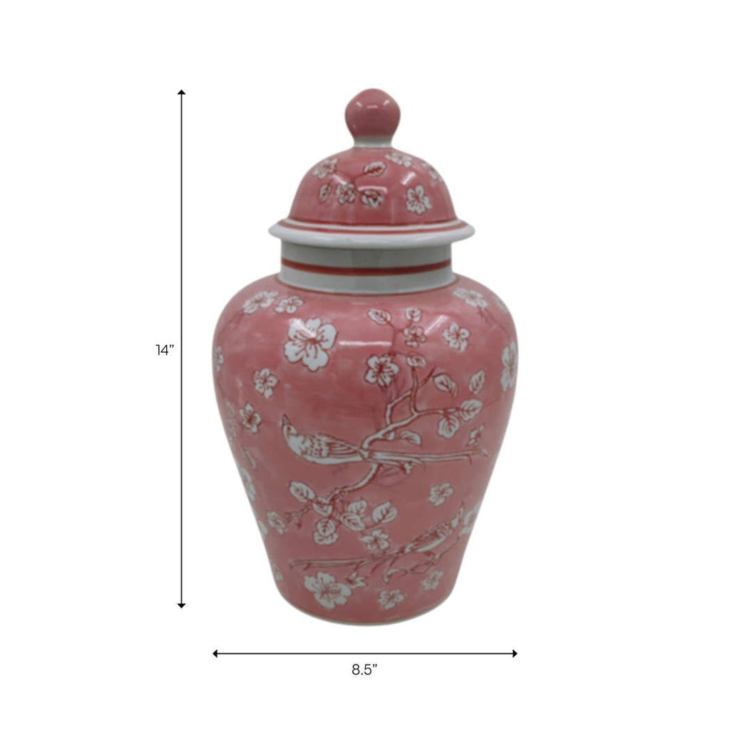 Decorative Jar - Pink/White Ceramic Floral Chinoiserie, 14 in.