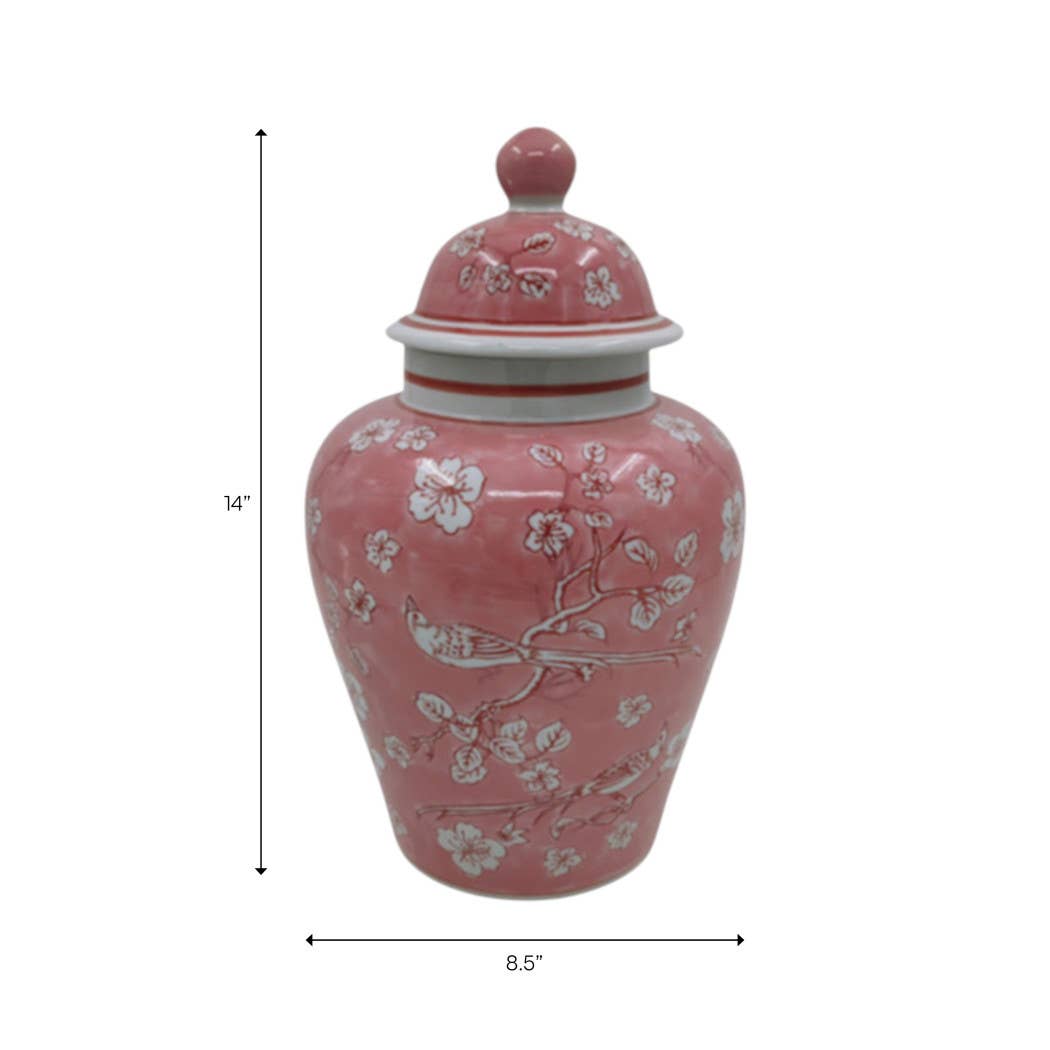 Decorative Jar - Pink/White Ceramic Floral Chinoiserie, 14 in.
