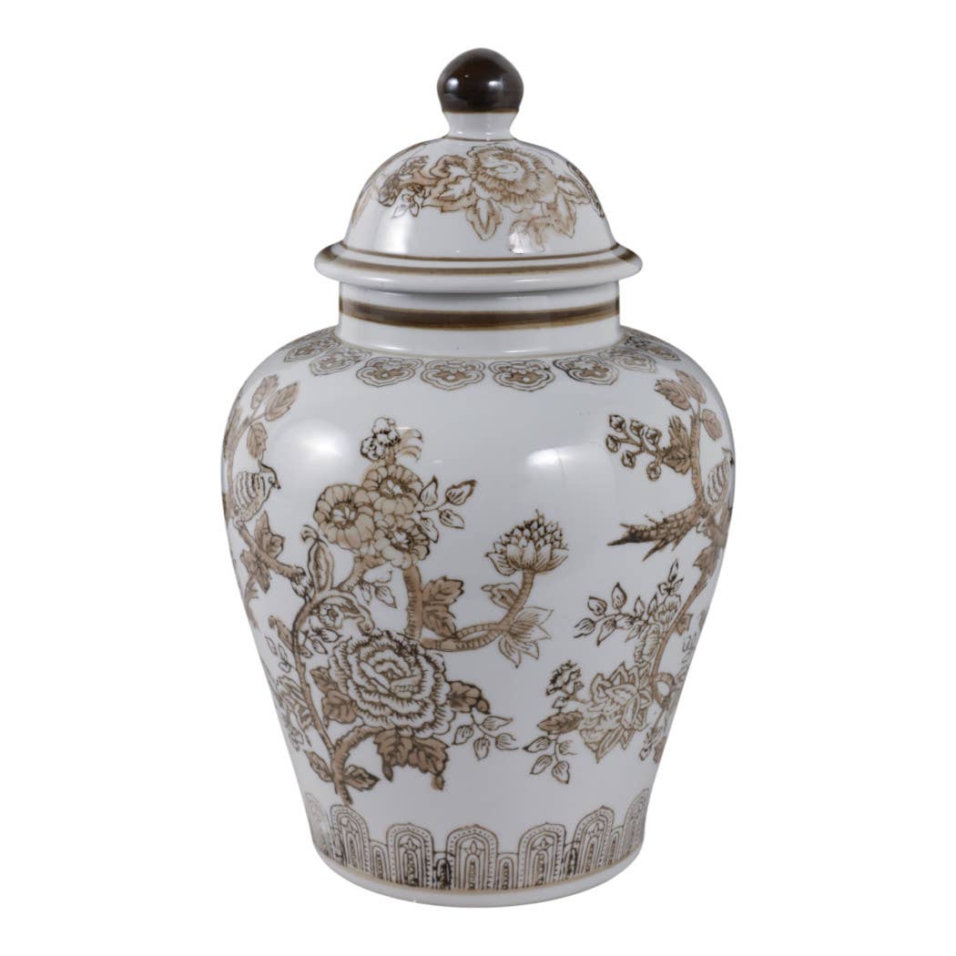Temple Jar - Brown/White Ceramic Chinoiserie Bird, 12 in.