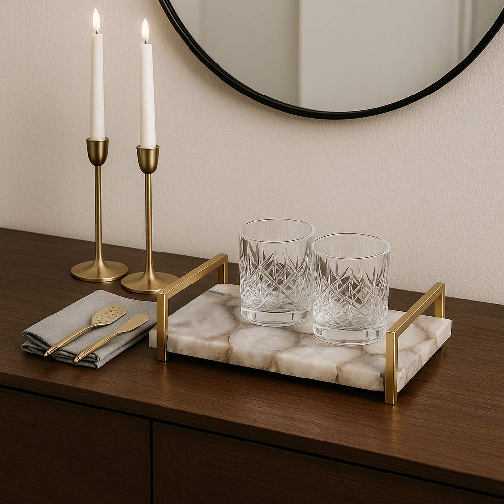 Decorative Tray - Multicolor Agate with Gold Handles, 14 in.