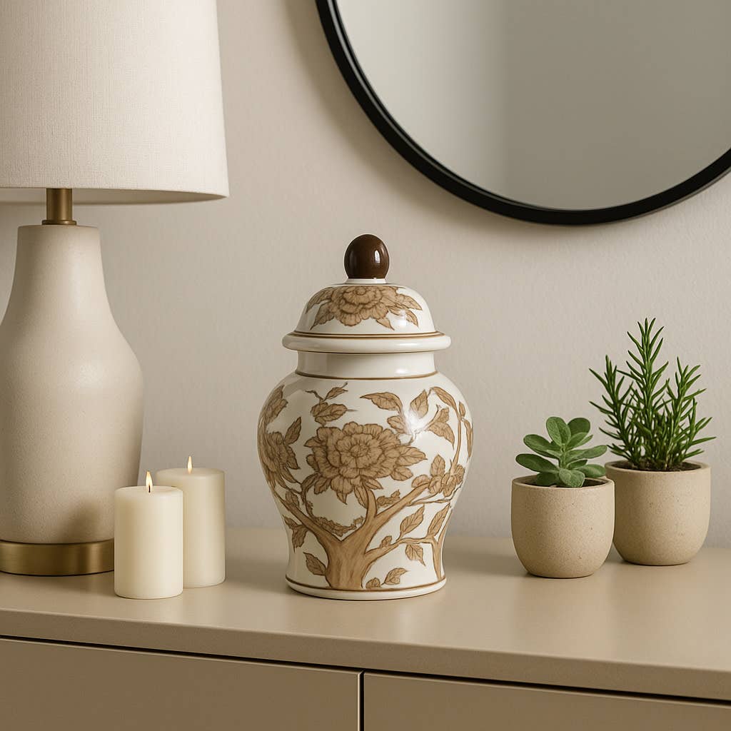 Decorative Vase - Brown & White Ceramic Jar with Lid, 8 in.