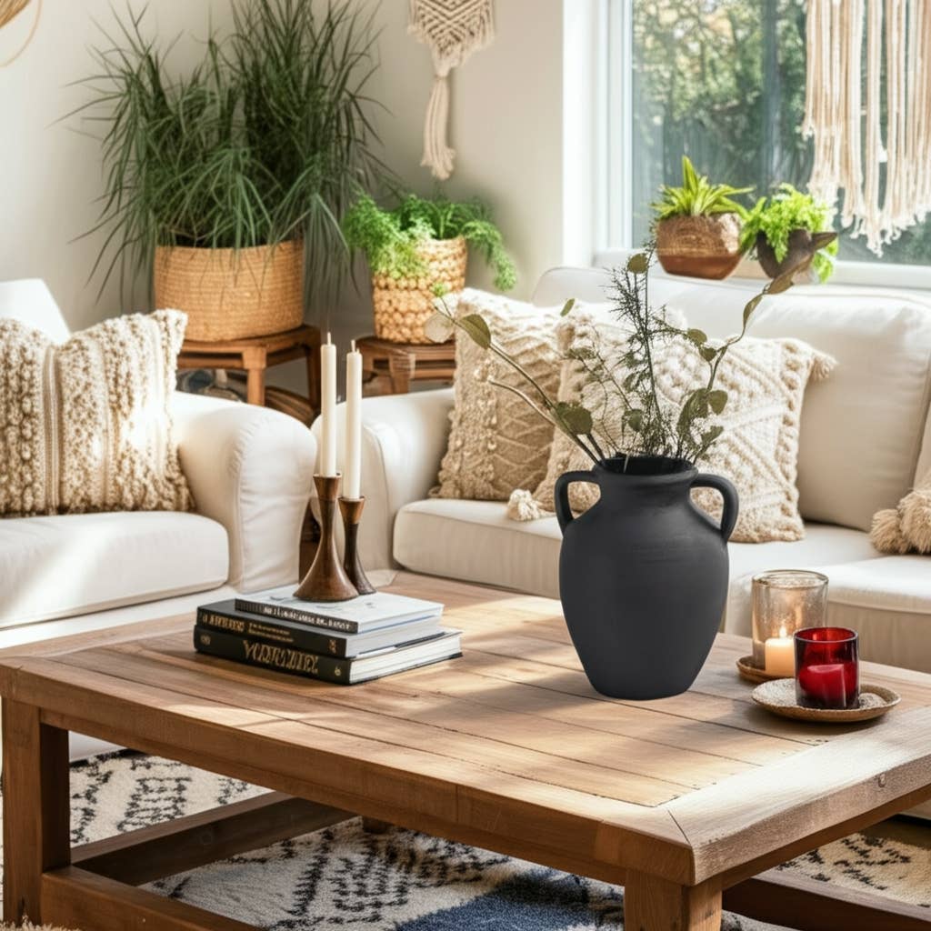 Decorative Vase - Black Terracotta with Handles, 13 in.