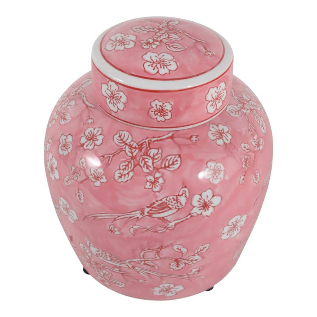 Decorative Jar - Pink Ceramic Chinoiserie with Lid, 10 in.
