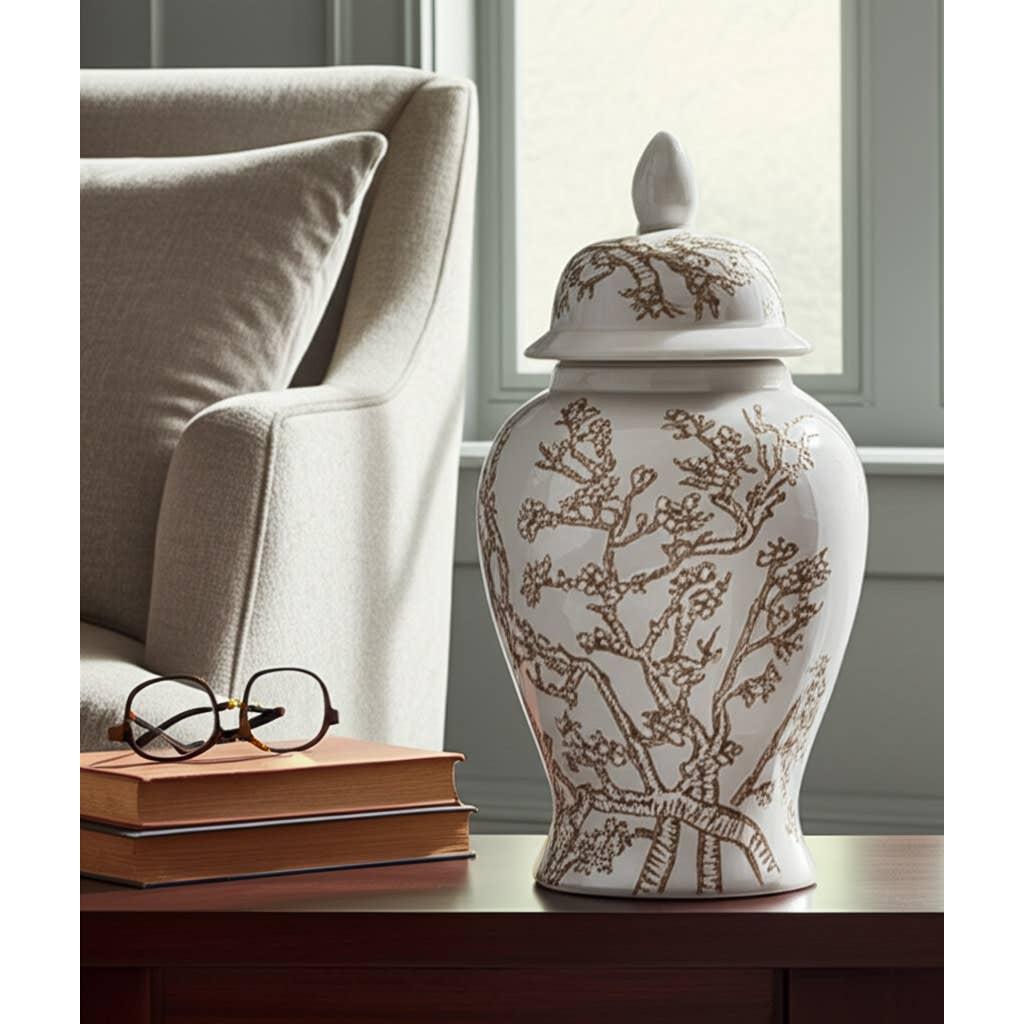 Temple Jar - White/Brown Ceramic Cherry Blossom, 15 in.