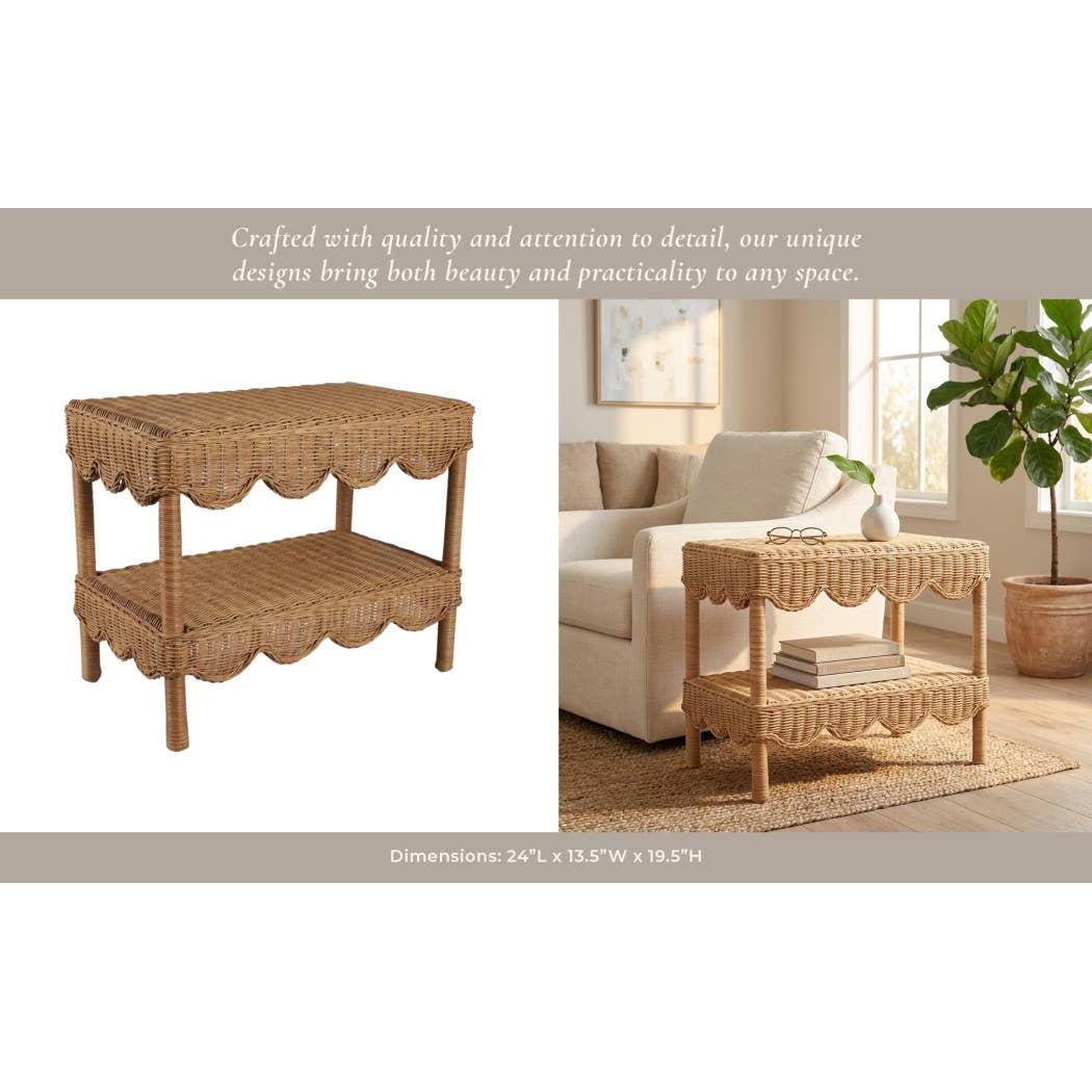 Side Table - Tan/Brown Wicker with Scalloped Edges, 19 in.