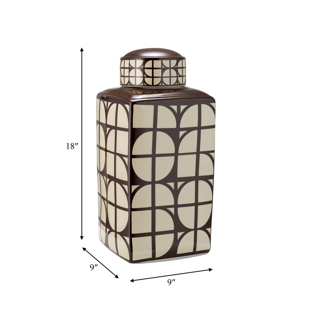 Brown Square Ceramic Decorative Jar with Lid, 18 in.