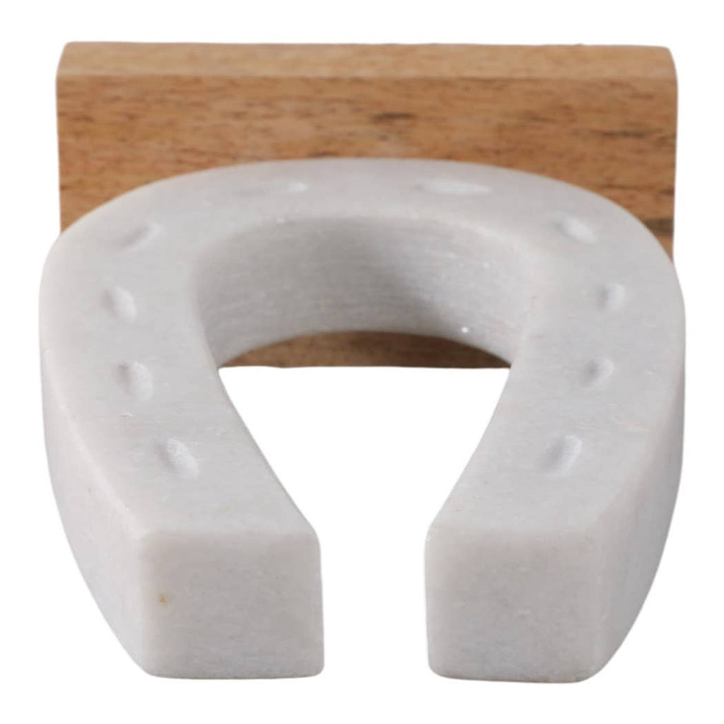 White and Brown Marble Horseshoe Figurine on Wood Base, 8 in.