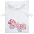 White burpcloth with a colorful butterfly design.