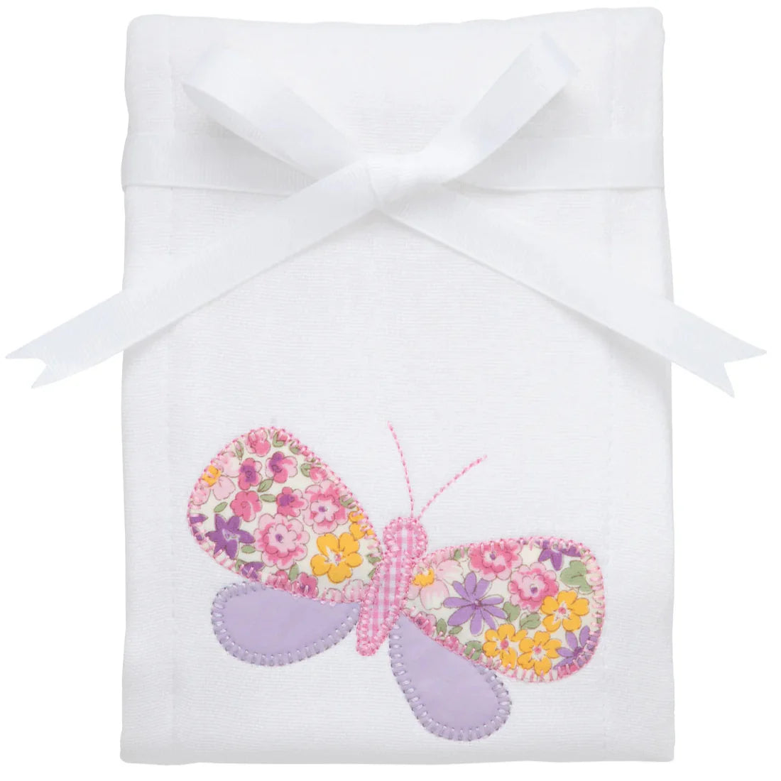 White burpcloth with a colorful butterfly design.