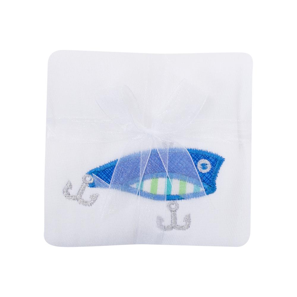 White Burpcloth with a colorful fishing pole design.