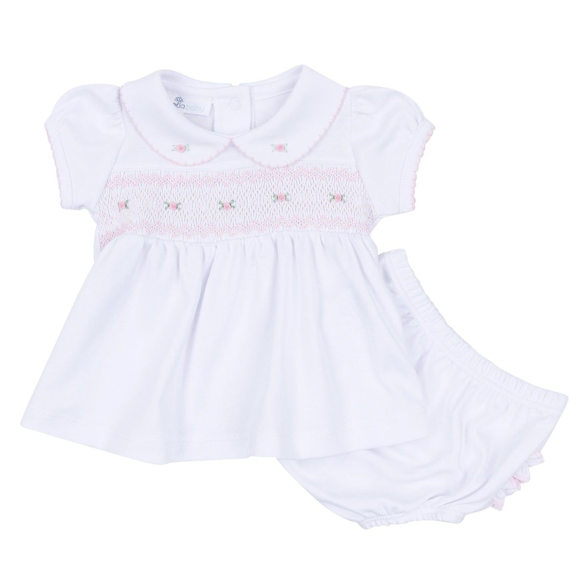 Grace and George White Pink Smocked Collared Ruffle Diaper Cover Set
