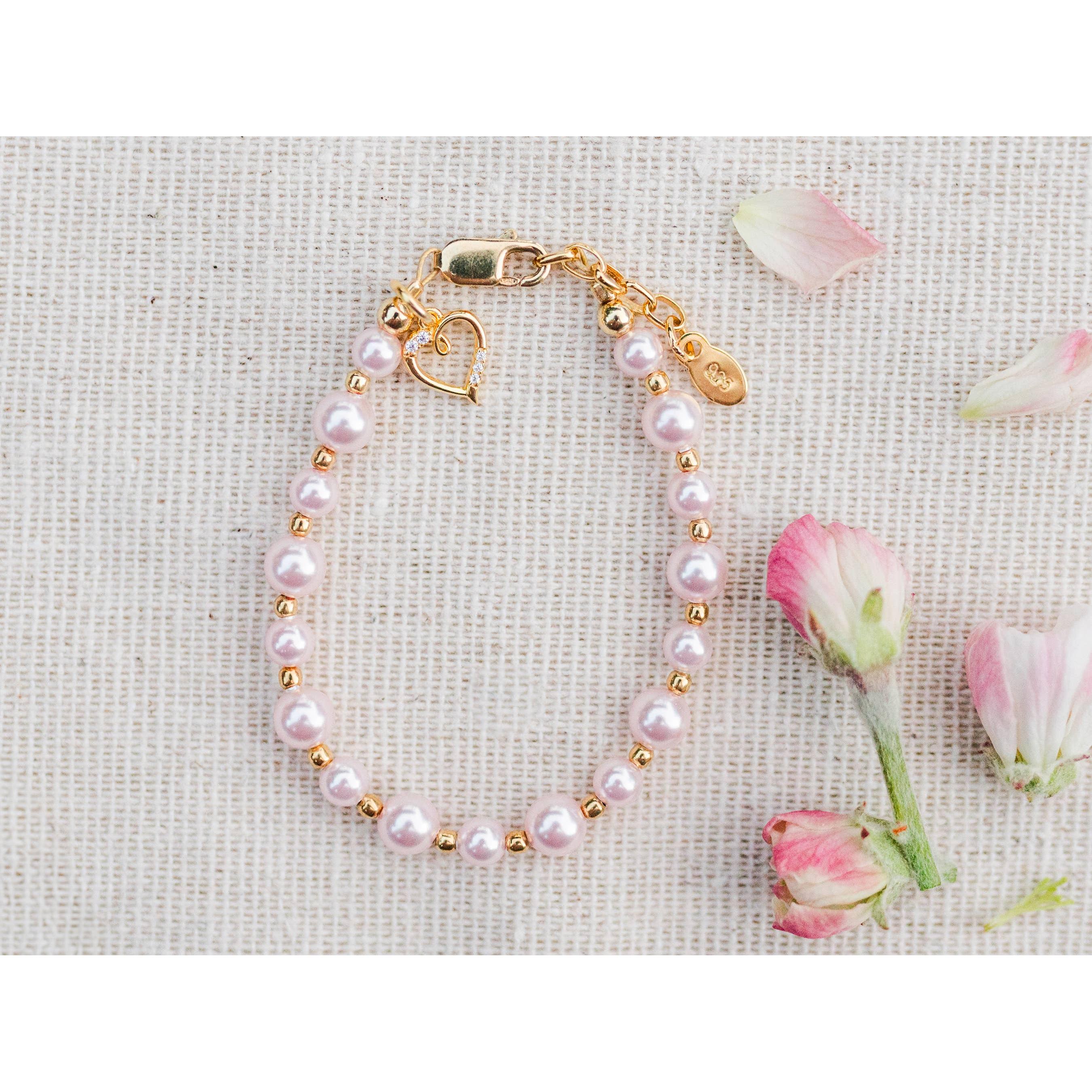 14K Gold-Plated Pink Pearl Baby Heart Bracelet Kids Jewelry