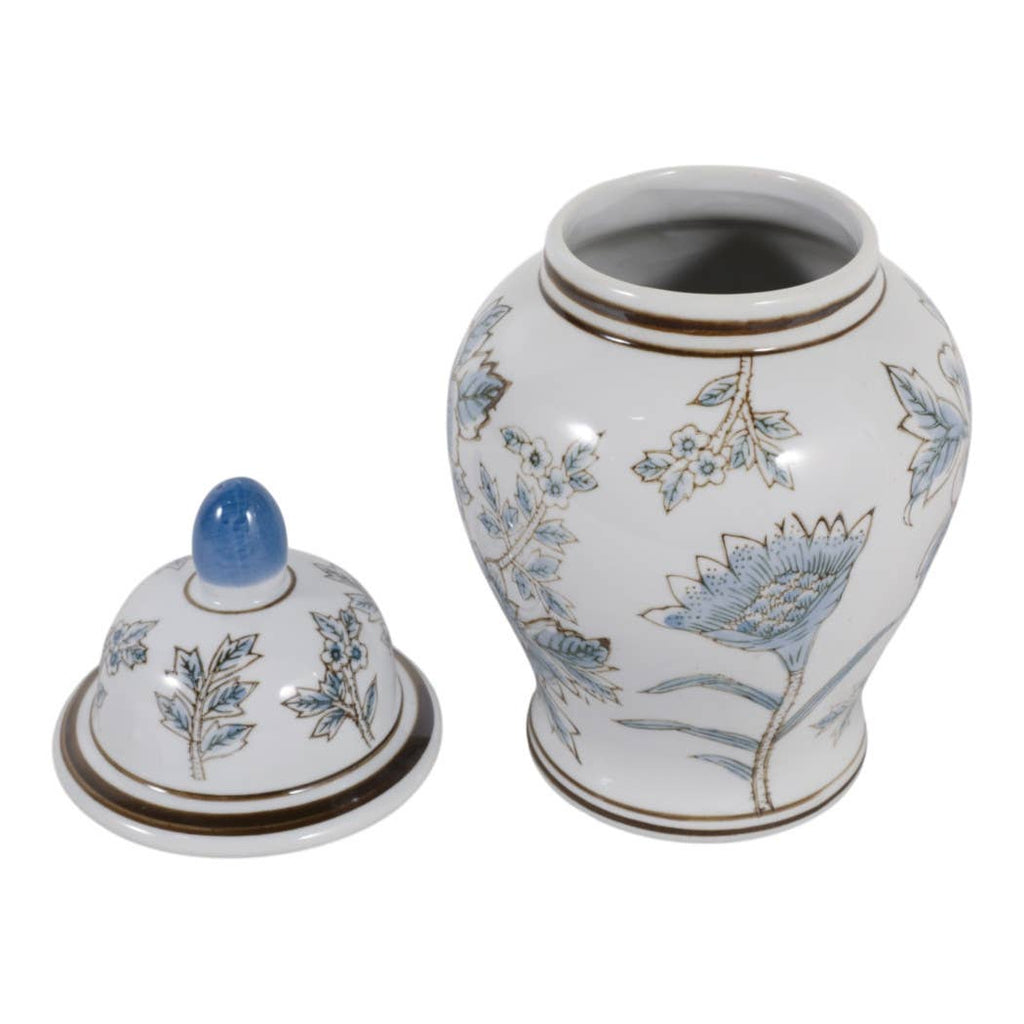 Decorative Jar - Blue/Brown Ceramic Floral Chinoiserie, 11 in.