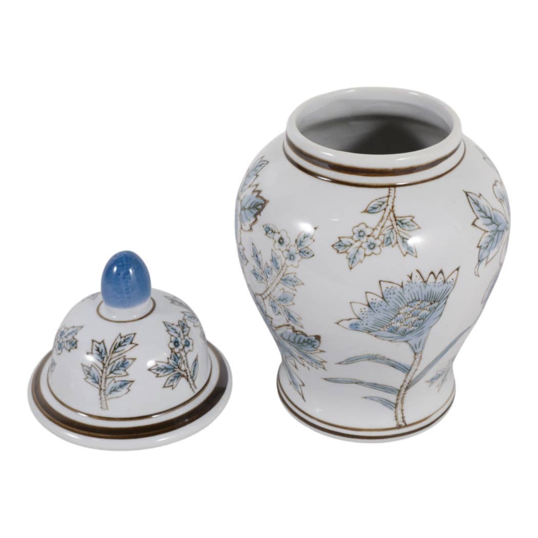 Decorative Jar - Blue/Brown Ceramic Floral Chinoiserie, 11 in.