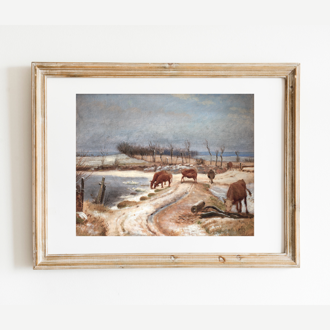 Cattle Watering on a Winter Day Antique Art Print