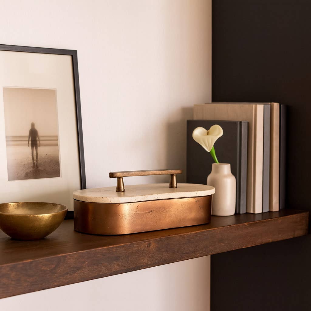 Decorative Box - Tan/Bronze Travertine Oval with Lid, 12 in.