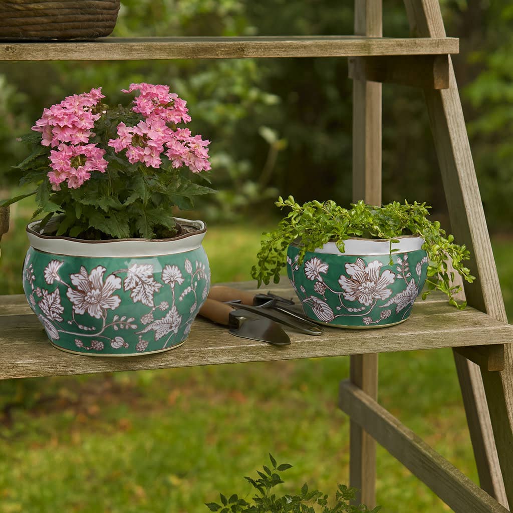 Planters Set of 2 - Green Ceramic Floral Vines, 10/12 in.