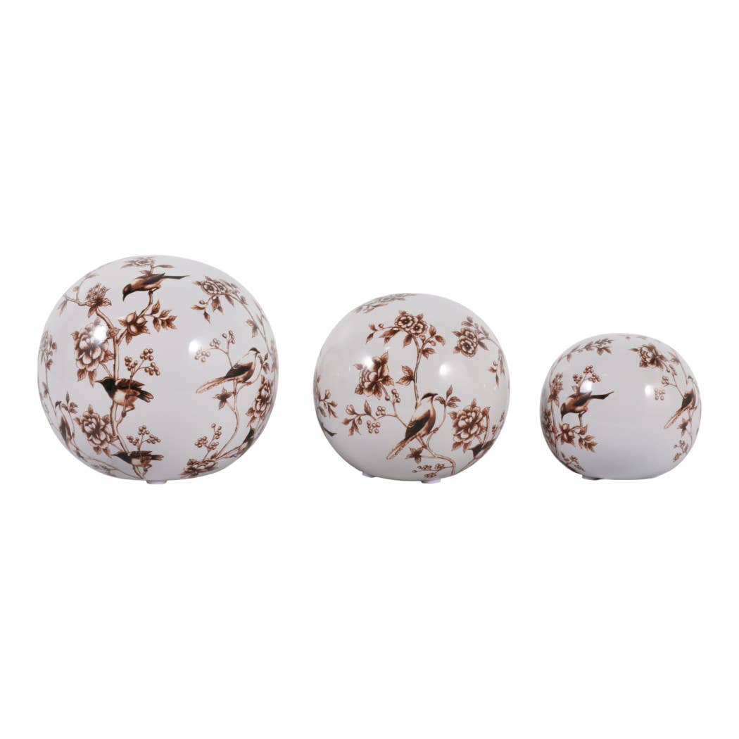Objects Set of 3 - Brown/White Ceramic Birds Orbs, 4/5/6 in.