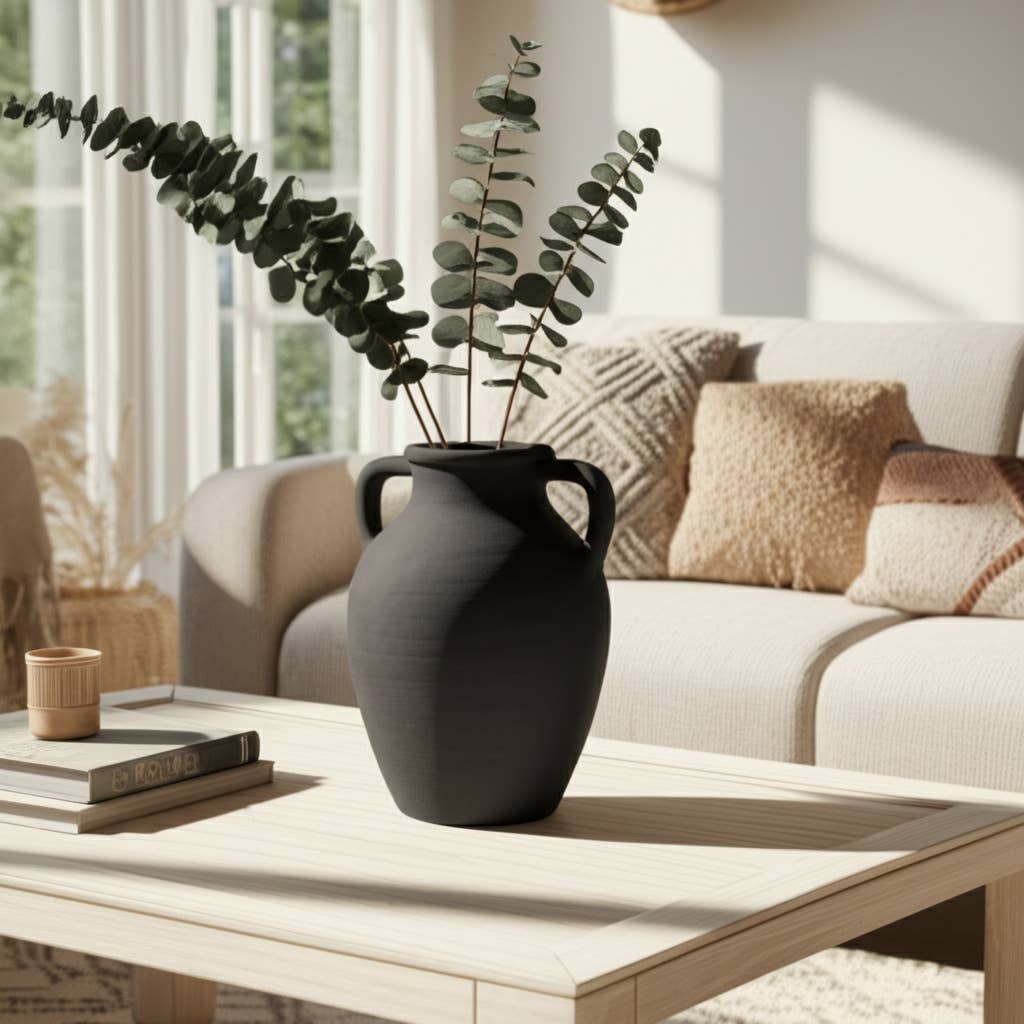 Decorative Vase - Black Terracotta with Handles, 13 in.