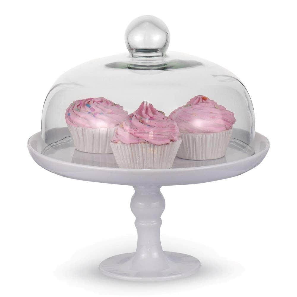 White Pedestal Cake Stand and Clear Dome 25 cm