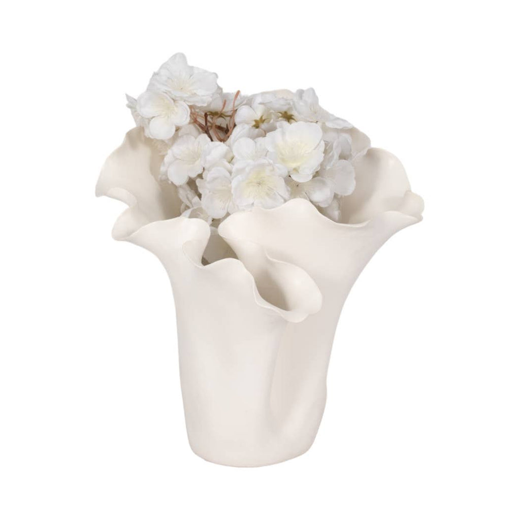 White Ruffled Ceramic Vase, 11 in.