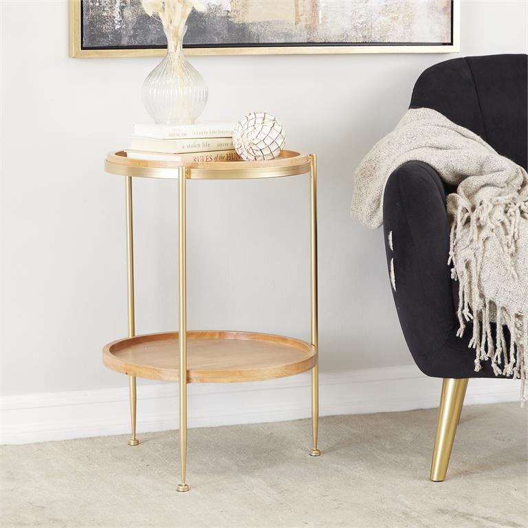 Brown Wood 1 Shelf Accent Table with Gold Metal Legs