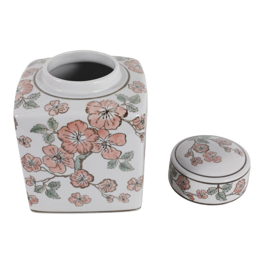 White and Pink Cherry Blossom Ceramic Jar, 9 in.