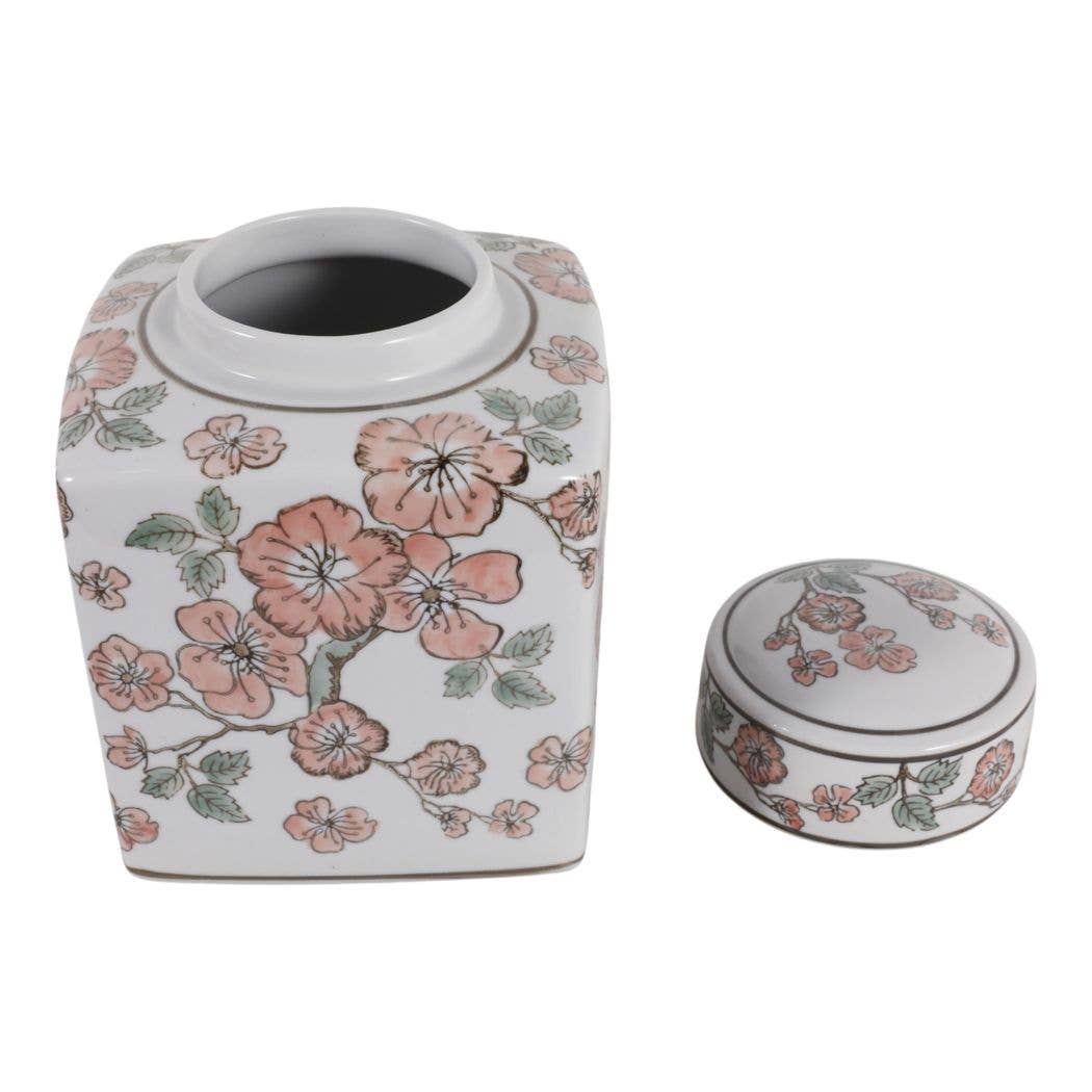 White and Pink Cherry Blossom Ceramic Jar, 9 in.