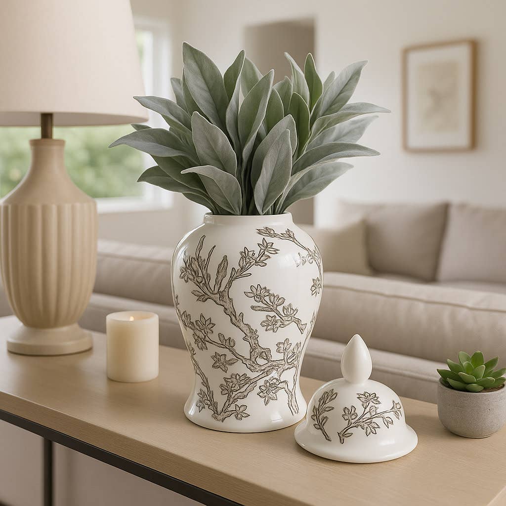Temple Jar - White/Brown Ceramic Cherry Blossom, 15 in.
