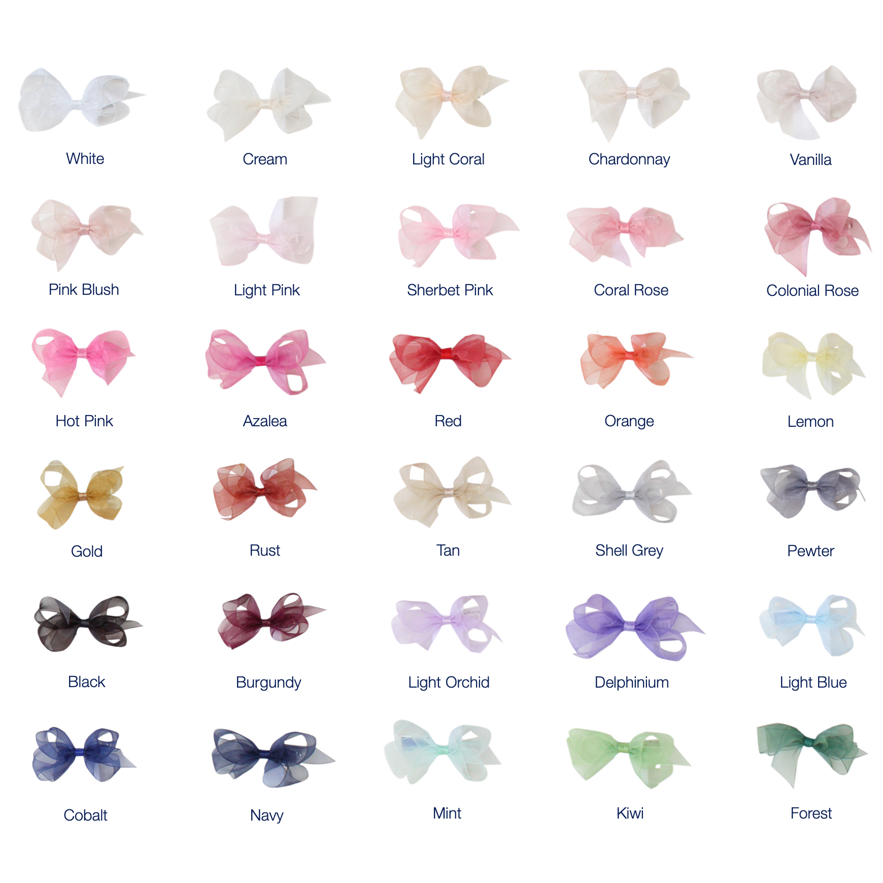 Collection of colorful bows with labels on a white background