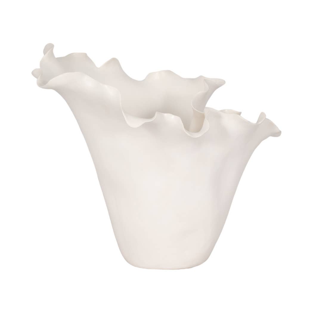 White Ruffled Ceramic Vase, 11 in.