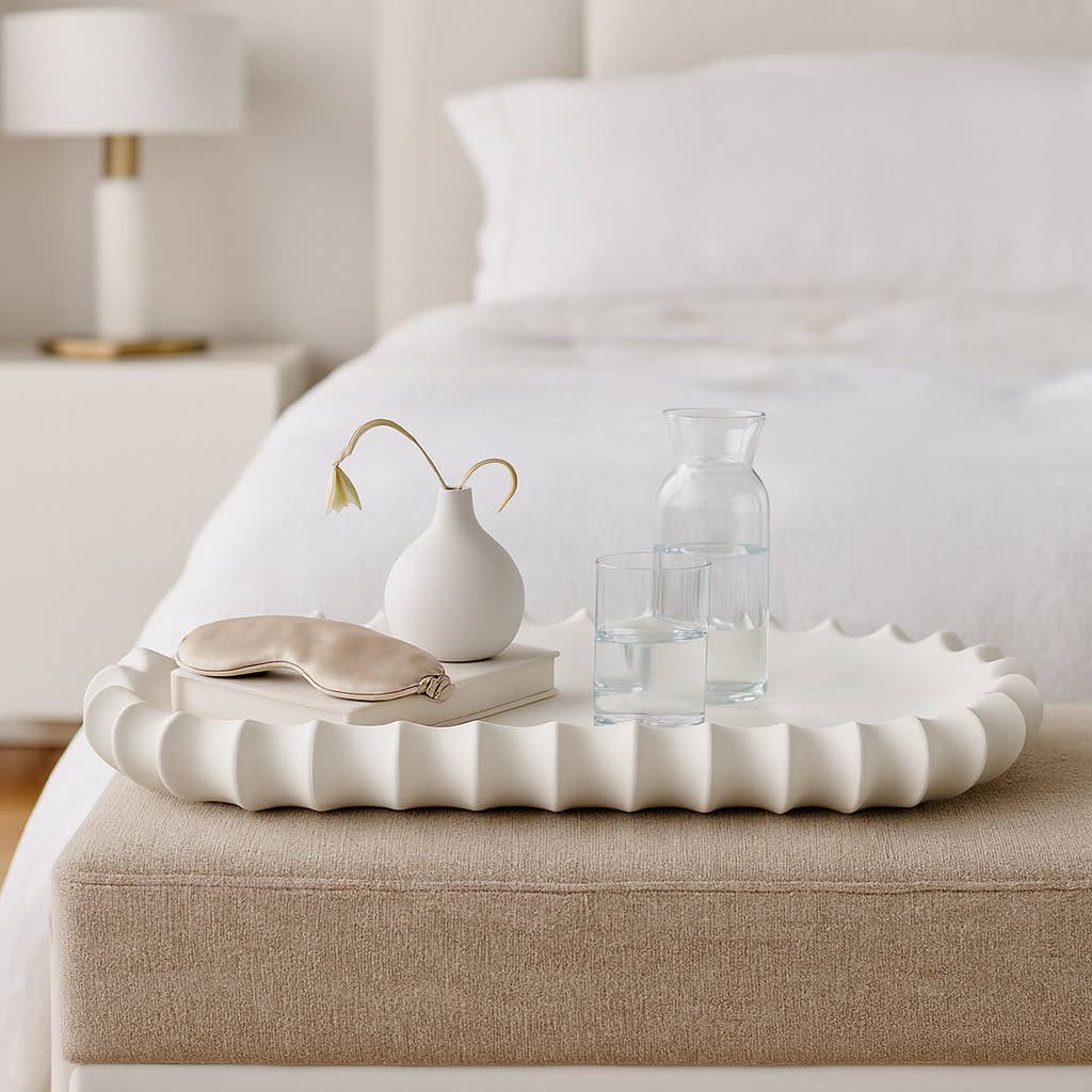 Decorative Tray - White Ceramic Scalloped Edge, 18 in.