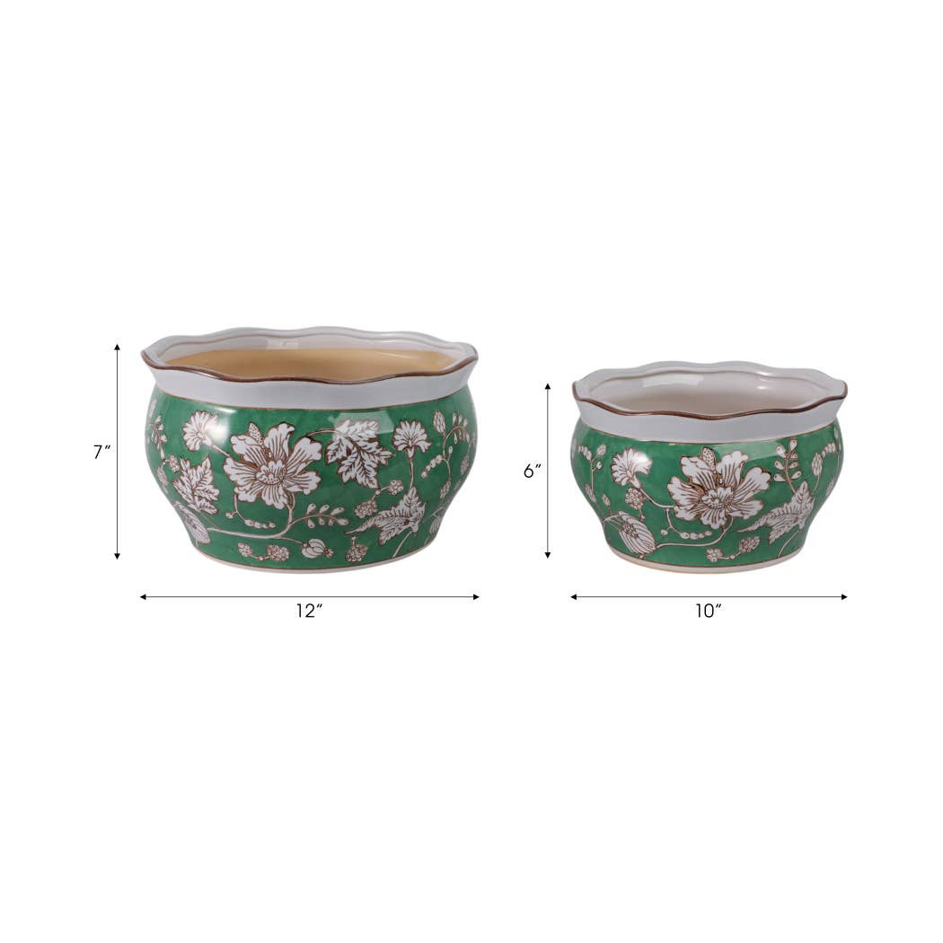 Planters Set of 2 - Green Ceramic Floral Vines, 10/12 in.