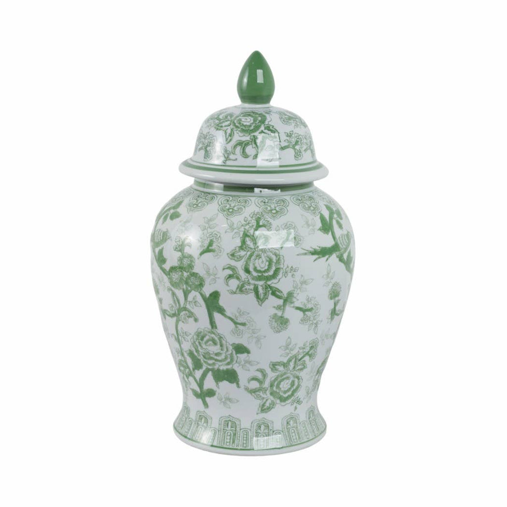 Green Tall Bird and Flower Ceramic Jar, 18 in.