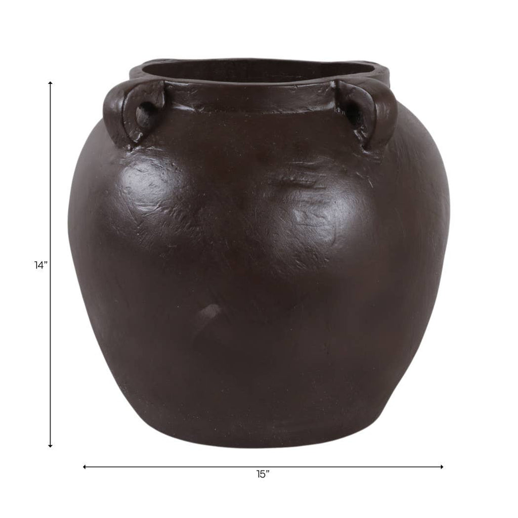 Decorative Vase - Brown Pottery Textured 4-Handle, 14 in.
