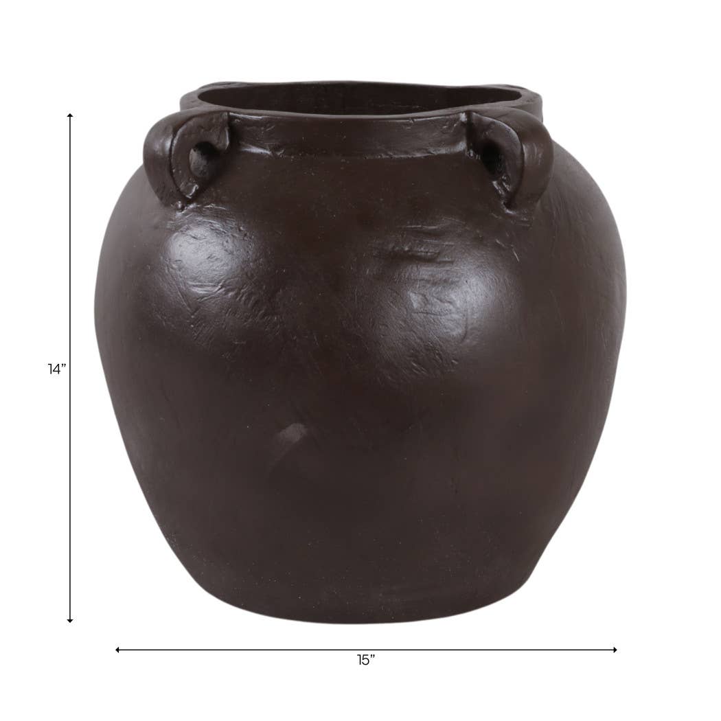 Decorative Vase - Brown Pottery Textured 4-Handle, 14 in.