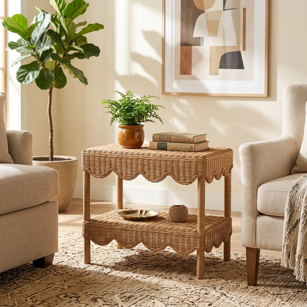 Side Table - Tan/Brown Wicker with Scalloped Edges, 19 in.