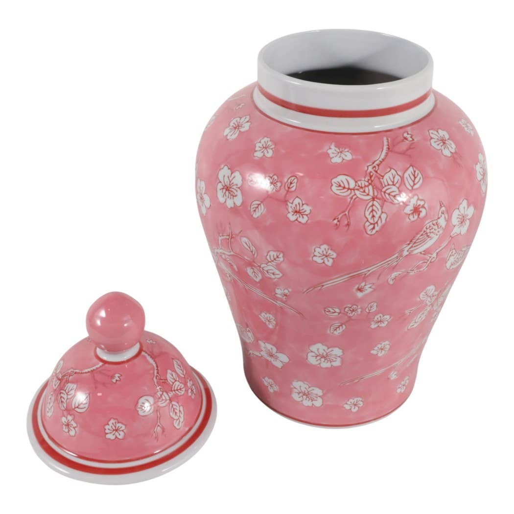 Decorative Jar - Pink/White Ceramic Floral Chinoiserie, 18 in.