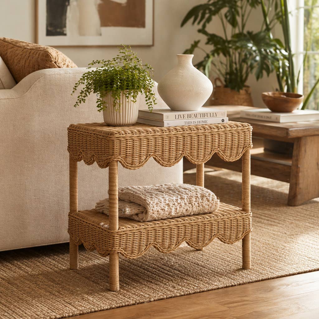 Side Table - Tan/Brown Wicker with Scalloped Edges, 19 in.