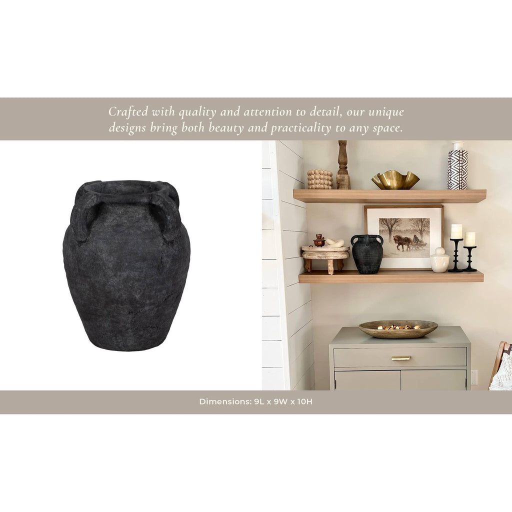 Decorative Vase - Black Pottery Amphora Multi-Handle Jug, 10 in.