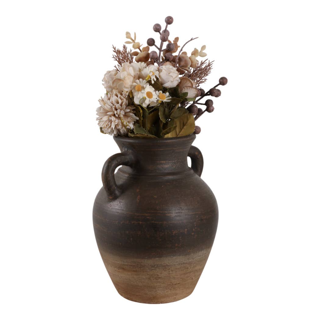 Decorative Vase - Brown Terracotta Amphora with Handles, 9 in.