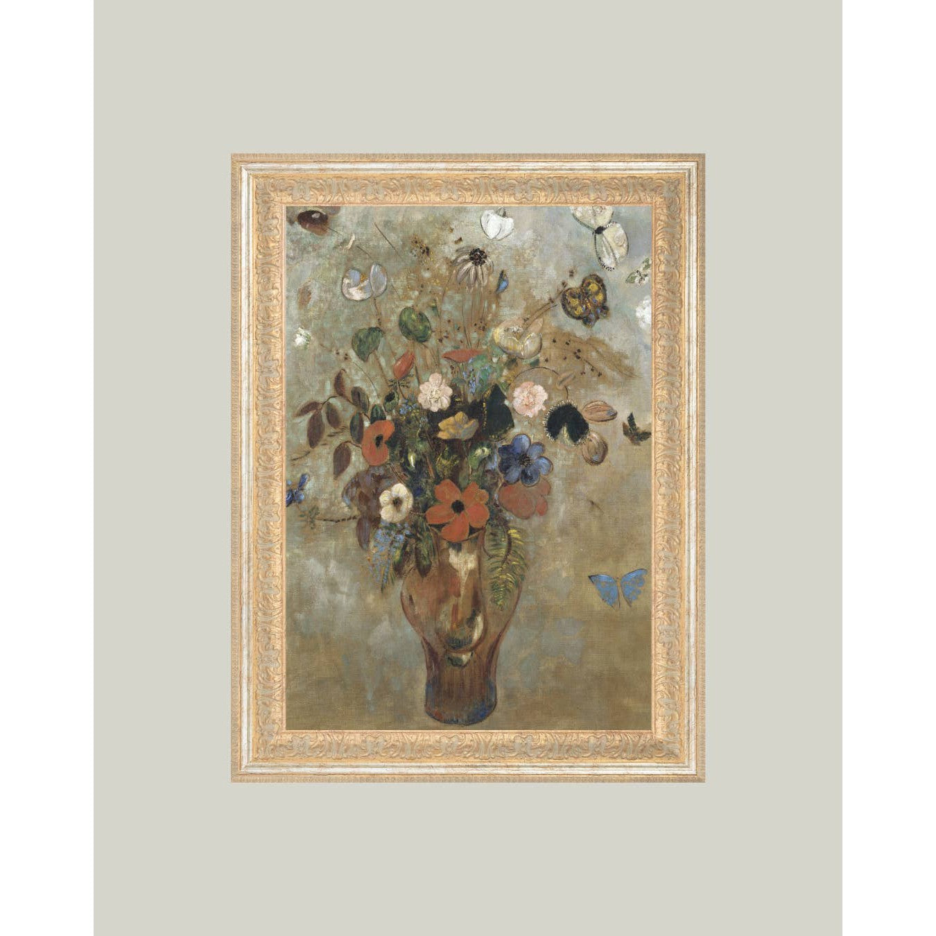 Flower Butterfly Vase Framed Antique Art