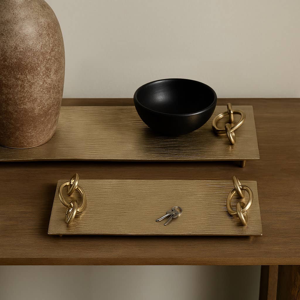 Decorative Gold Metal Link Handled Trays, Two Sizes