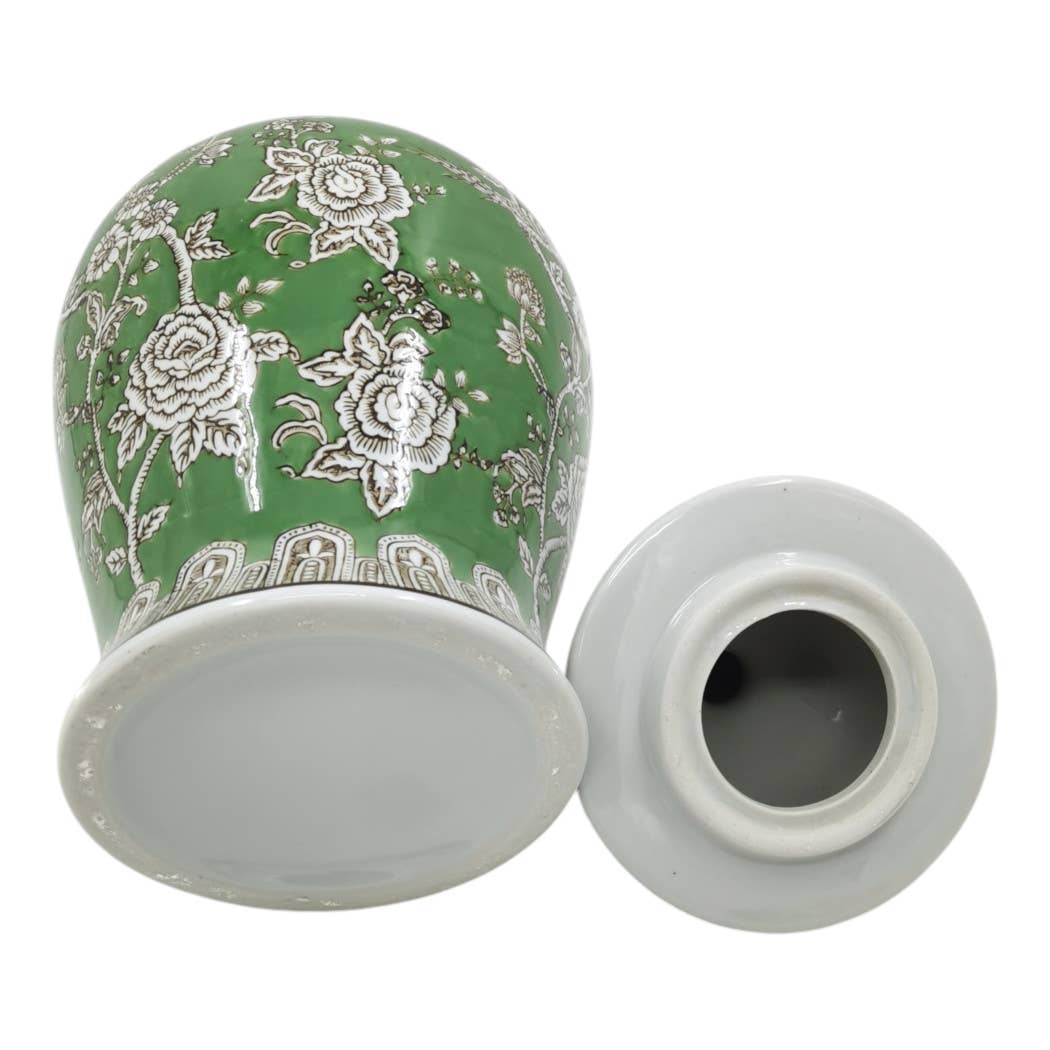 Green and Brown Bird and Flower Ceramic Jar, 18 in.