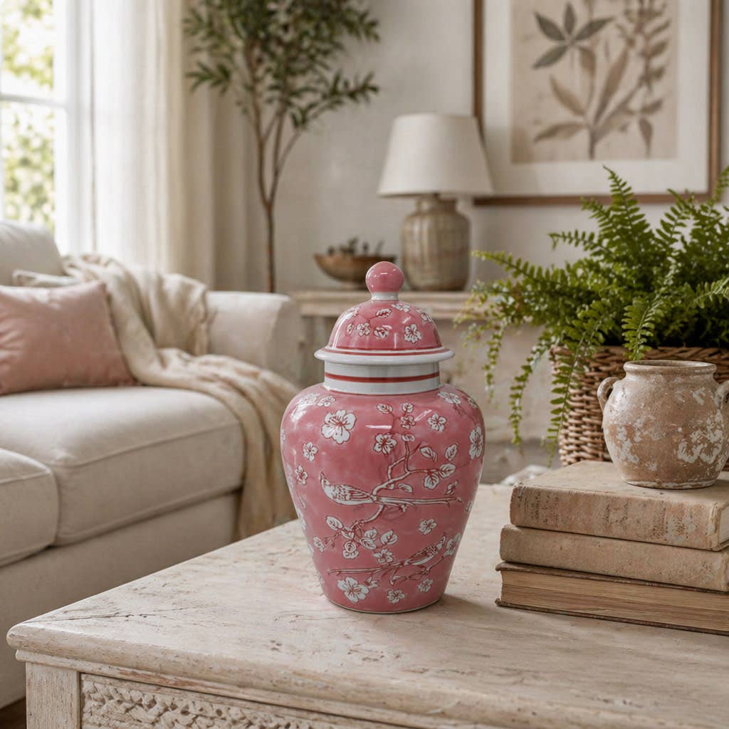 Decorative Jar - Pink/White Ceramic Floral Chinoiserie, 14 in.