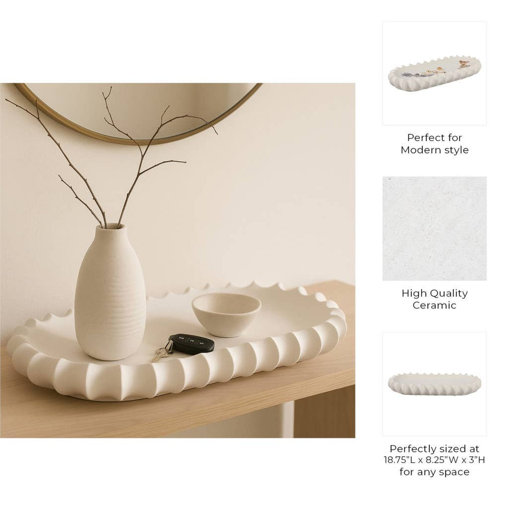 Decorative Tray - White Ceramic Scalloped Edge, 18 in.