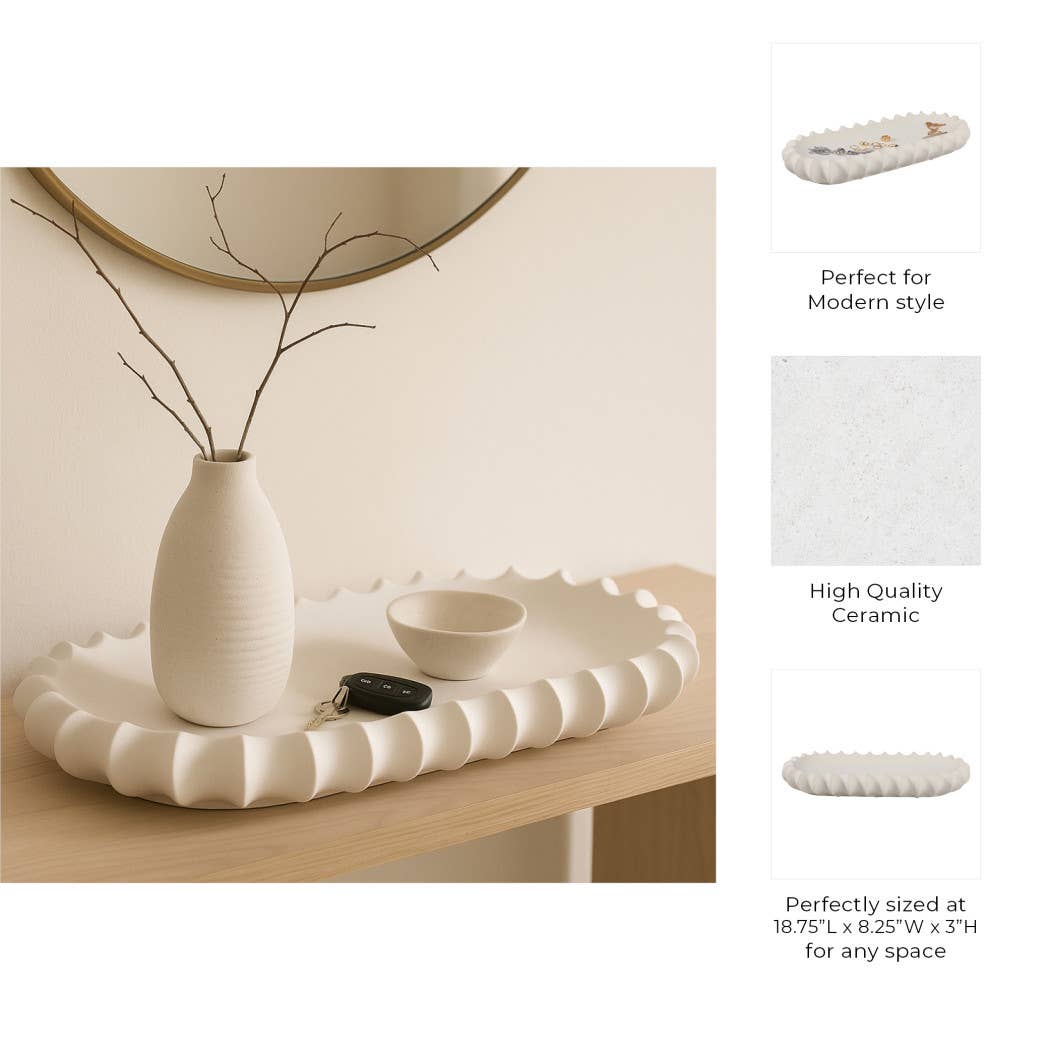 Decorative Tray - White Ceramic Scalloped Edge, 18 in.