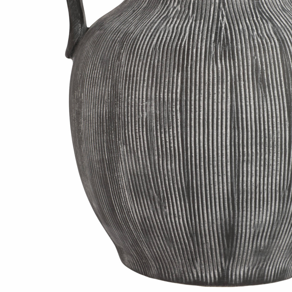 Black Ribbed Stoneware Vase with Handle, 10 in.