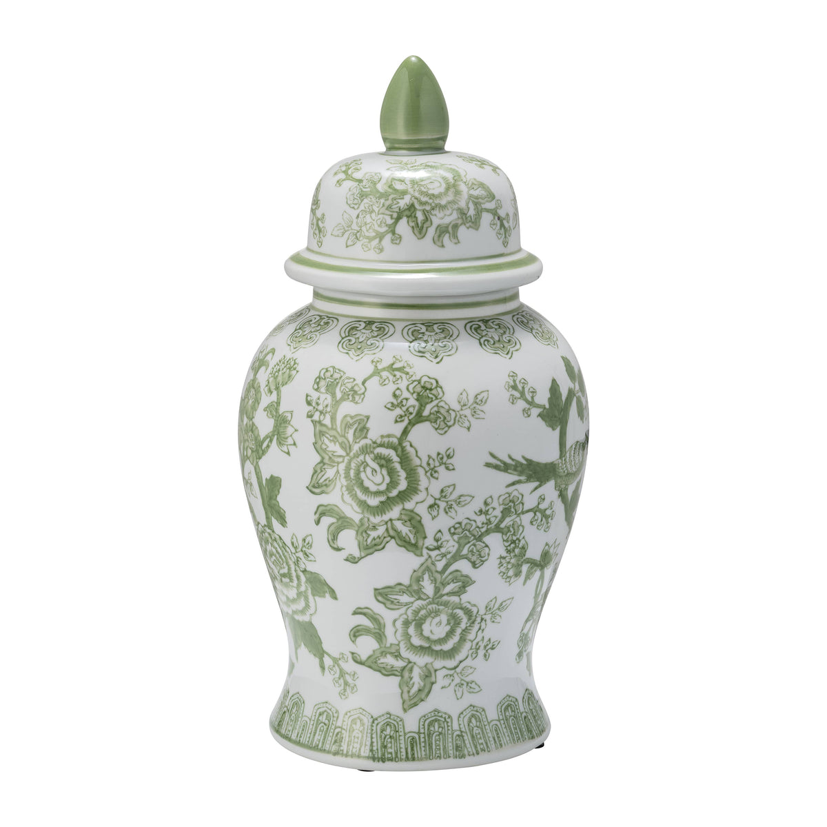 Green and White Round Floral Chinoiserie Jar, 14 in.